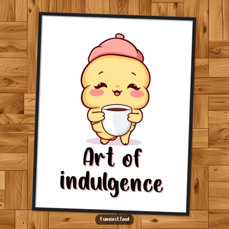 Funny Croissant Digital Art: A printable artwork of a happy croissant in a beret sipping coffee, perfect for whimsical home decor.