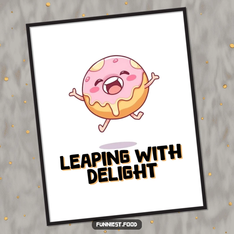 Funny donut digital art print of a delighted pastry mid-leap, frosting dripping with humor and excitement.