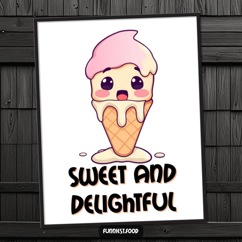 Funny Ice Cream Digital Art Print of a surprised ice cream cone character melting with excitement, sweet and cheerful.
