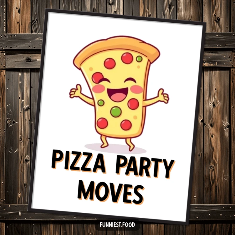 Funny Digital Art Print: Laughing pizza slice character doing a silly dance, perfect for vibrant and fun digital decor.