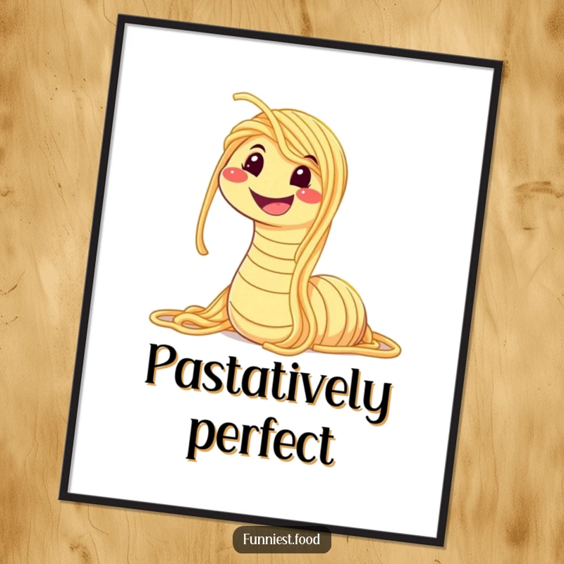 Funny digital art print of a spaghetti worm smiling broadly, ideal for creating a humorous and pasta-themed focal point in any room.