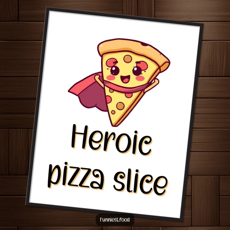 Funny pizza slice with a superhero cape, rendered as digital art, ready to adorn walls with heroic charm and humor, a downloadable funny gift.