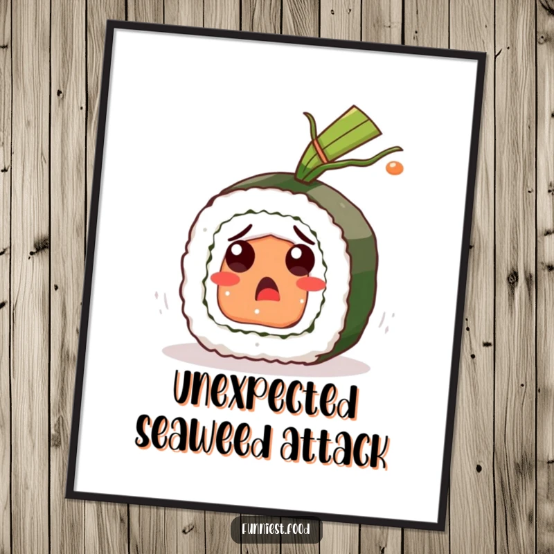 Funny Sushi Roll Digital Art Print: A surprised sushi character in mid-reaction to flying seaweed, offering instant humor as a printable funny gift.
