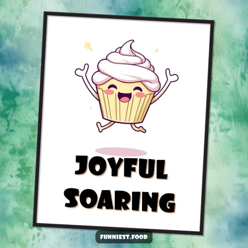 Funny digital art print of a joyful cupcake character doing a celebratory jump, ready for instant download and display.