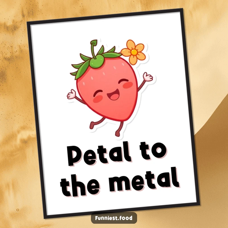 Funny Strawberry Dance Digital Art Print: A joyful strawberry character dancing with a flower, bringing vibrant happiness as a printable funny gift.