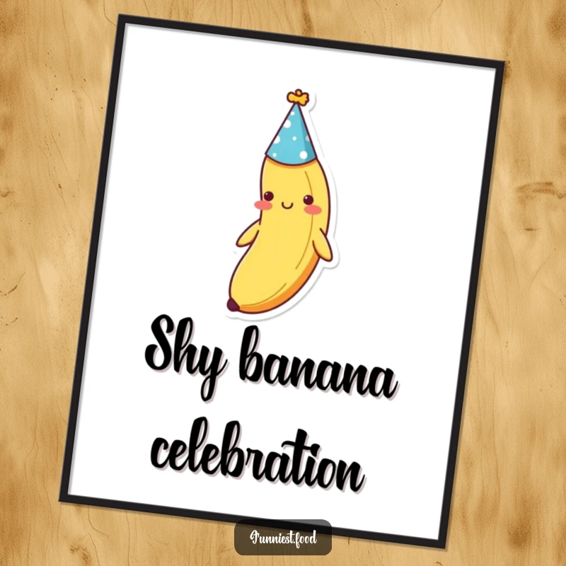 Funny shy banana wearing a party hat, rendered as digital art, adding bashful charm and gentle humor to walls, a downloadable funny gift.