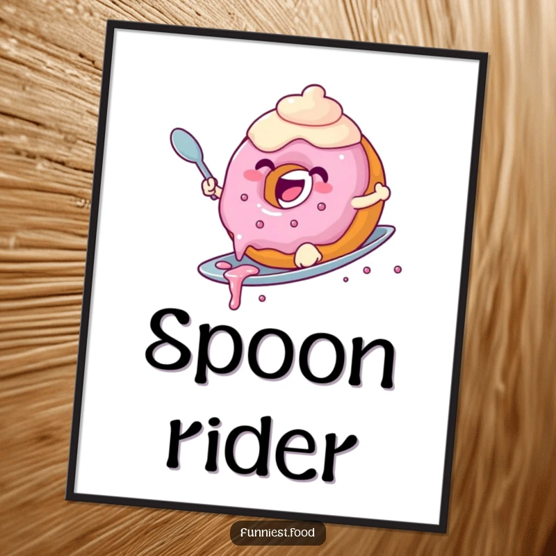 Funny donut digital art print of a joyful donut with dripping frosting surfing a spoon, perfect for instant wall decor and a fun gift.