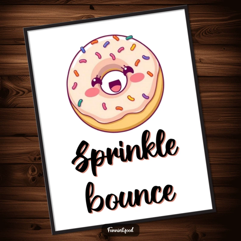 Funny Digital Art Print: A happy donut with colorful sprinkles is captured bouncing energetically, bringing playful sweetness to any space.