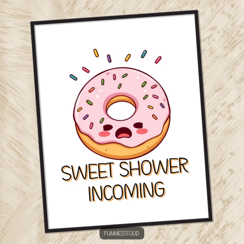 Funny bewildered donut digital art print, wide-eyed and surprised by falling sprinkles, creating a humorous and artistic sweet treat scene.