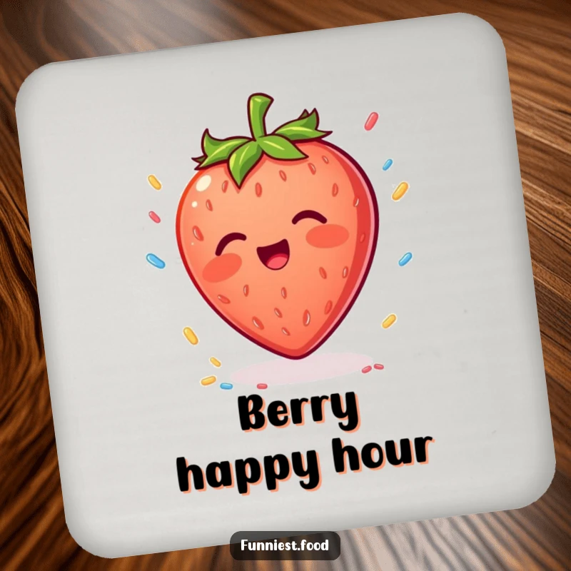 Funny Strawberry Coaster: A delighted strawberry character trying to catch falling sprinkles, a sweet and protective accessory.
