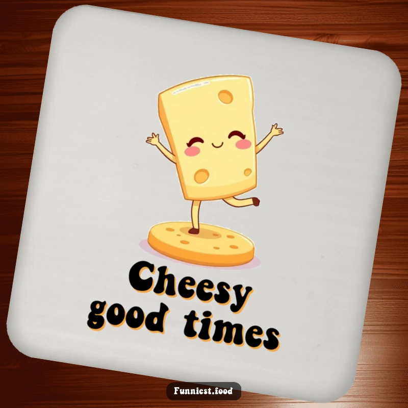 Funny drink coaster featuring a winking cheese wedge pirouetting on a cracker, protecting surfaces with culinary charm.