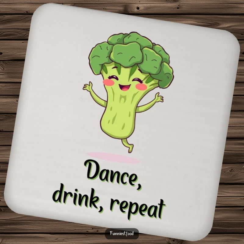 Funny broccoli coasters showing a bouncing broccoli performing a silly jig with a grin, ideal for protecting surfaces with a fun gift.