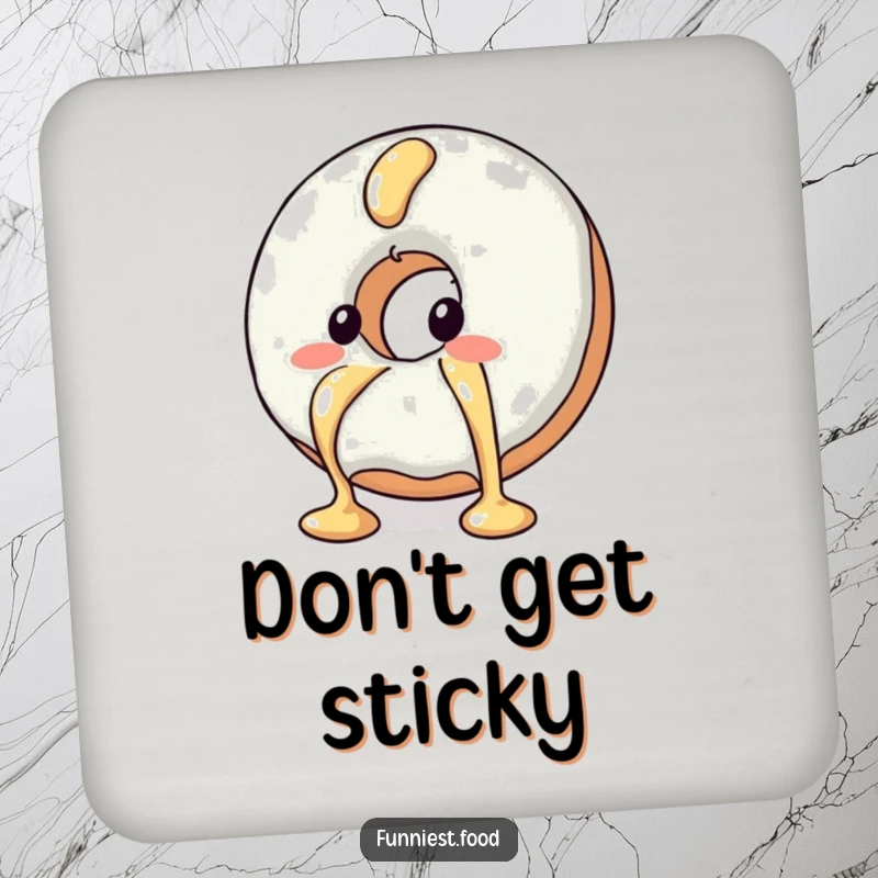 Funny drink coaster with a blushing donut character trying to escape syrup, a humorous and charming table accessory.