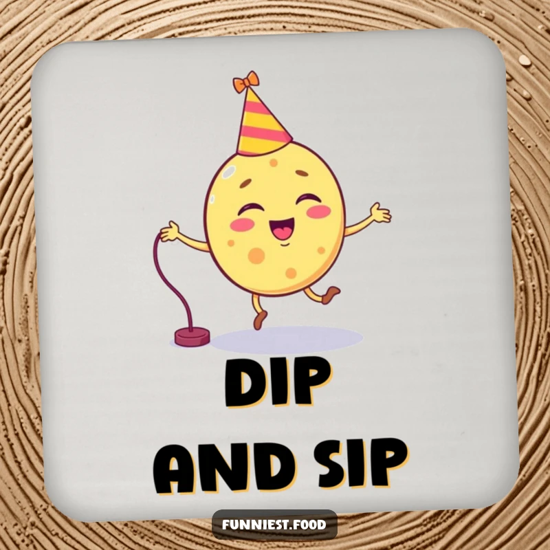 Funny chip character attempting to jump rope on drink coasters, adding snack humor and protecting surfaces.