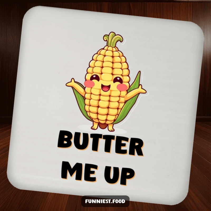 Funny drink coaster depicting a cheerful corn cob character offering a humorous hug, protecting surfaces from condensation.