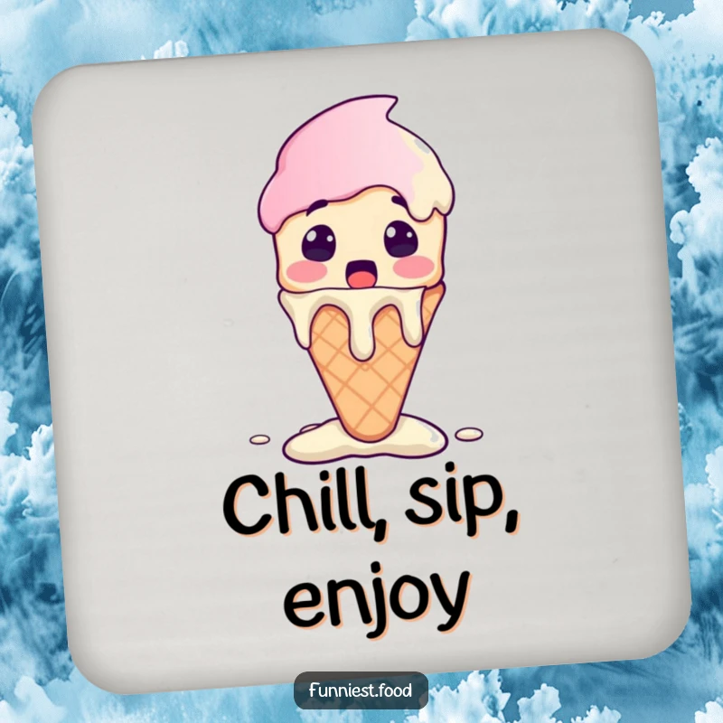 Funny Ice Cream Coaster showcasing a surprised ice cream cone character melting with excitement, perfect for drink protection.