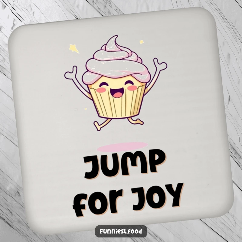 Funny drink coaster with a joyful cupcake character doing a celebratory jump, a humorous and cheerful table accessory.