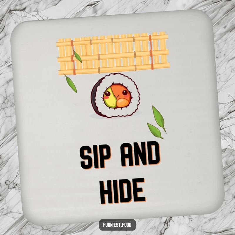 Funny drink coaster featuring a shy sushi roll peeking from a bamboo mat, offering a cute and functional touch for your beverages.