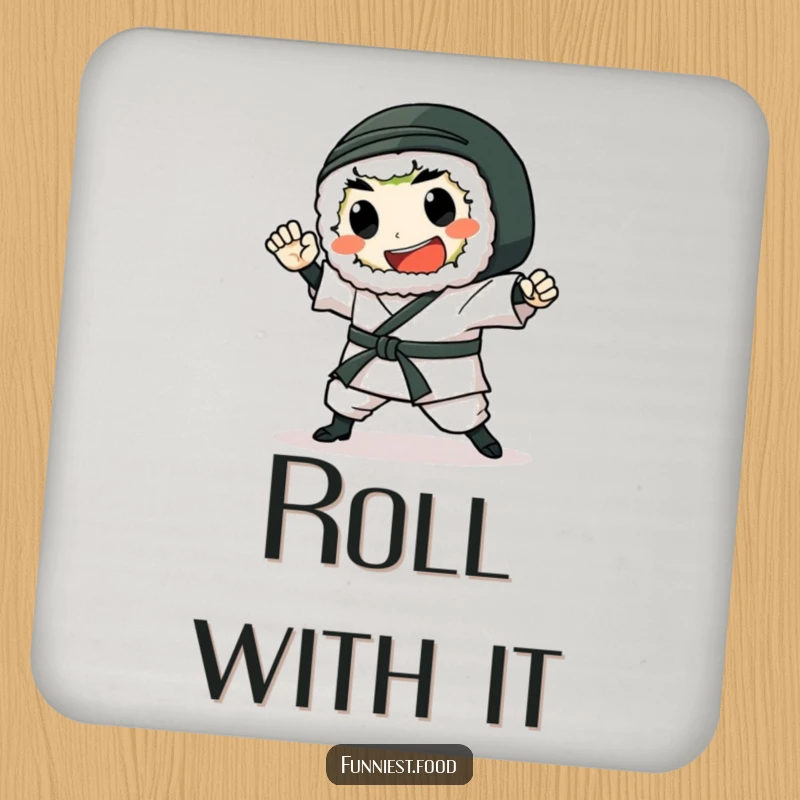 Funny Sushi Coaster: A gleeful sushi roll performs a karate chop, a humorous and protective accessory for any table.