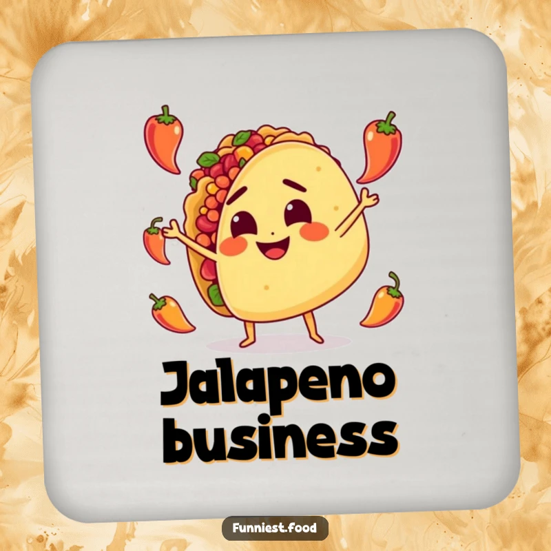 Funny Coaster: A smiling taco character determinedly juggles tiny hot peppers, protecting surfaces with a spicy, humorous charm.