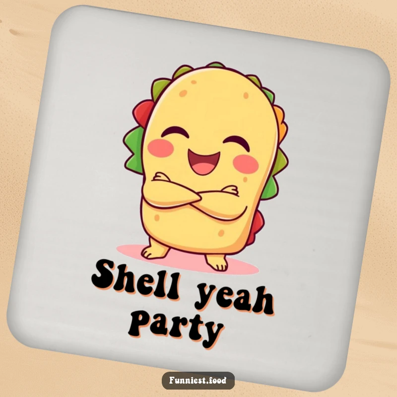 Funny laughing taco with crossed arms on a drink coaster, a humorous and functional table accessory.