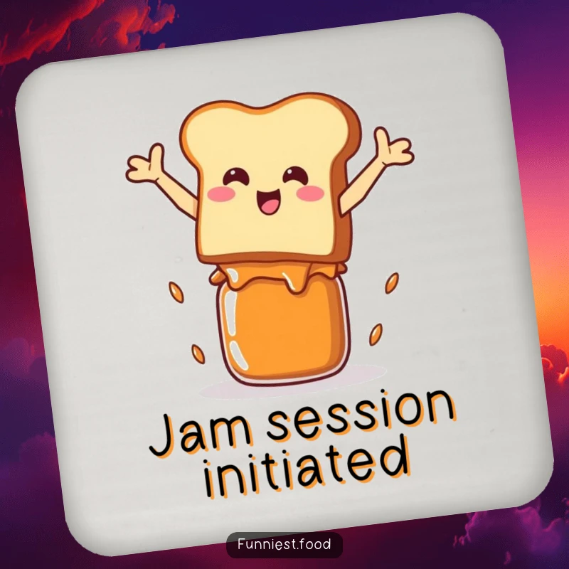 Funny Coasters: A smiling piece of toast jumps over a jam jar, a fun addition to protect your surfaces.