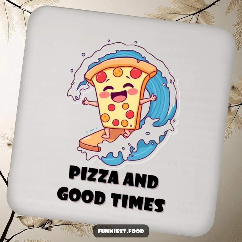 Funny laughing pizza slice surfing a soda wave on drink coasters, protecting surfaces with pizza-themed humor, a perfect funny gift.