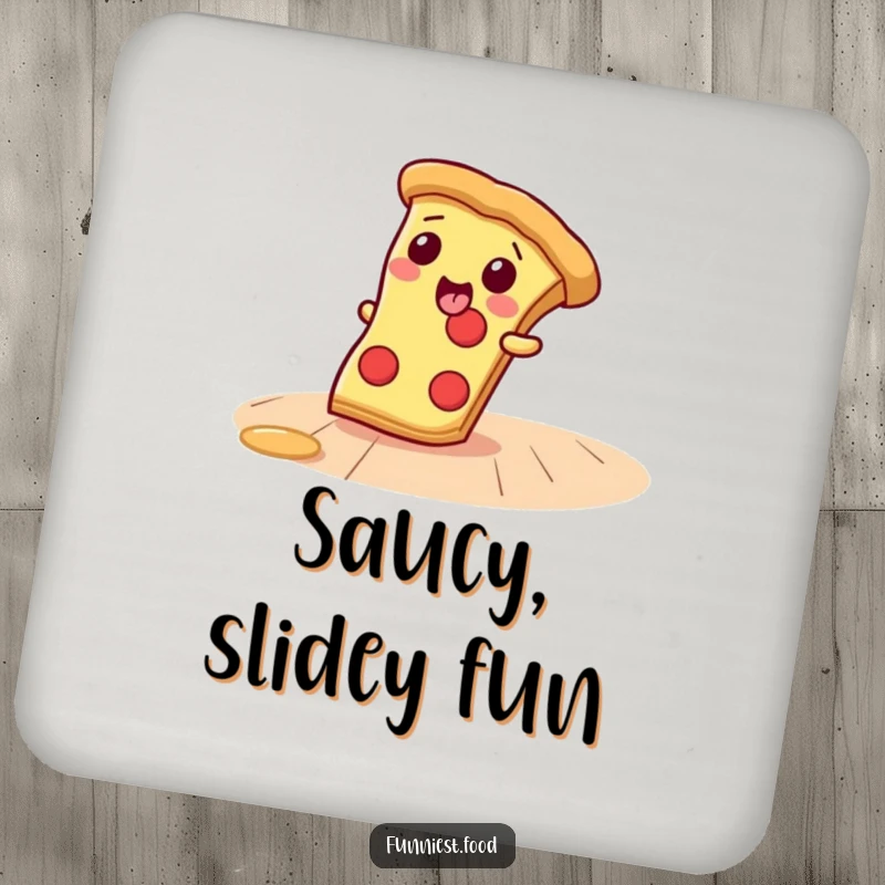 Funny Drink Coaster showing a giggling pizza slice sliding, protecting surfaces with a playful and humorous design.