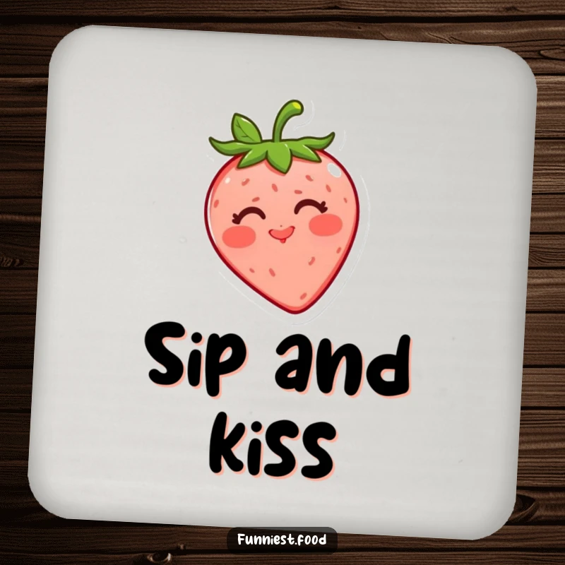 Funny strawberry coasters featuring a cheerful red strawberry blowing a kiss, protecting tables with a dose of fruity charm and humor.