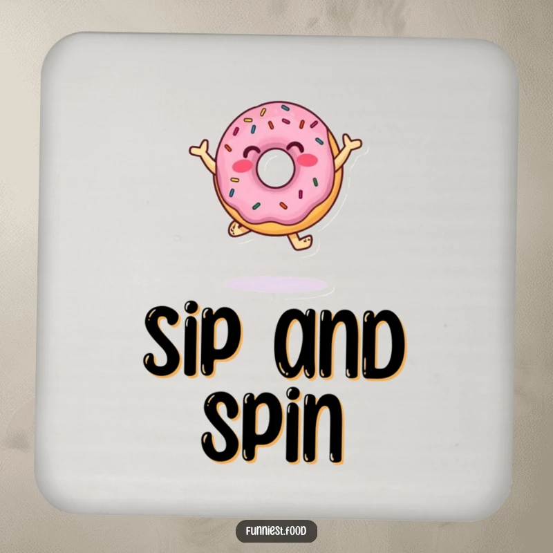Funny Drink Coaster with a donut character dancing with sprinkles, adding a touch of sweet art to table settings.