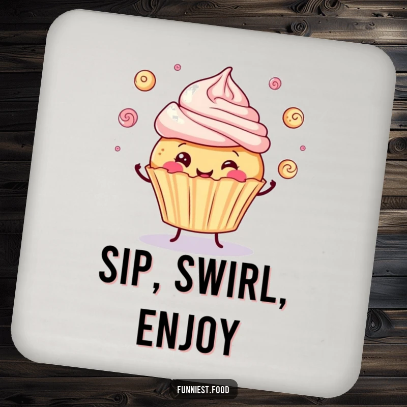 Funny drink coasters featuring a cheerful cupcake juggling frosting swirls, protecting surfaces with a smile.