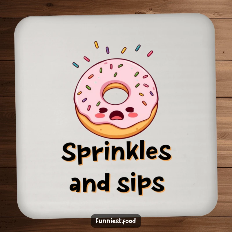 Funny bewildered donut drink coaster, surprised by raining sprinkles, offering humorous protection with a sweet touch.