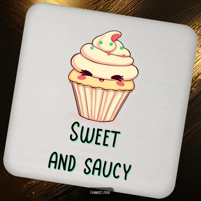 Funny Drink Coaster showcasing a cheeky cupcake character winking mischievously, adding sweet charm and surface protection.