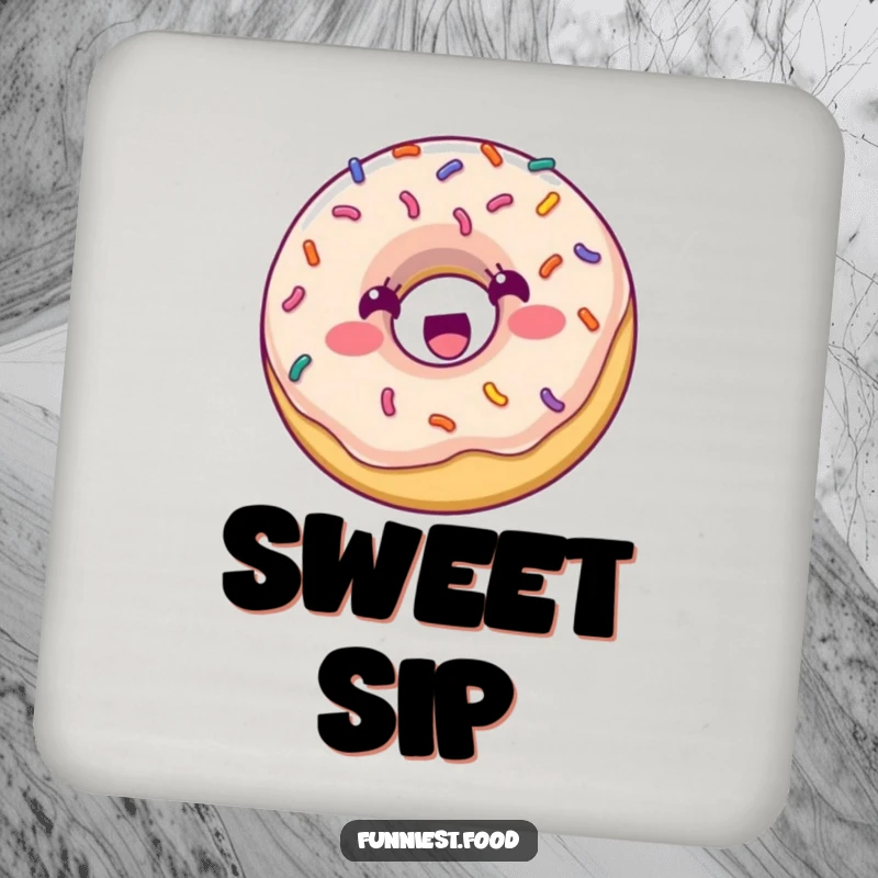 Funny Coaster: A smiling donut with vibrant sprinkles bounces with joy, protecting surfaces with a sweet and humorous touch.