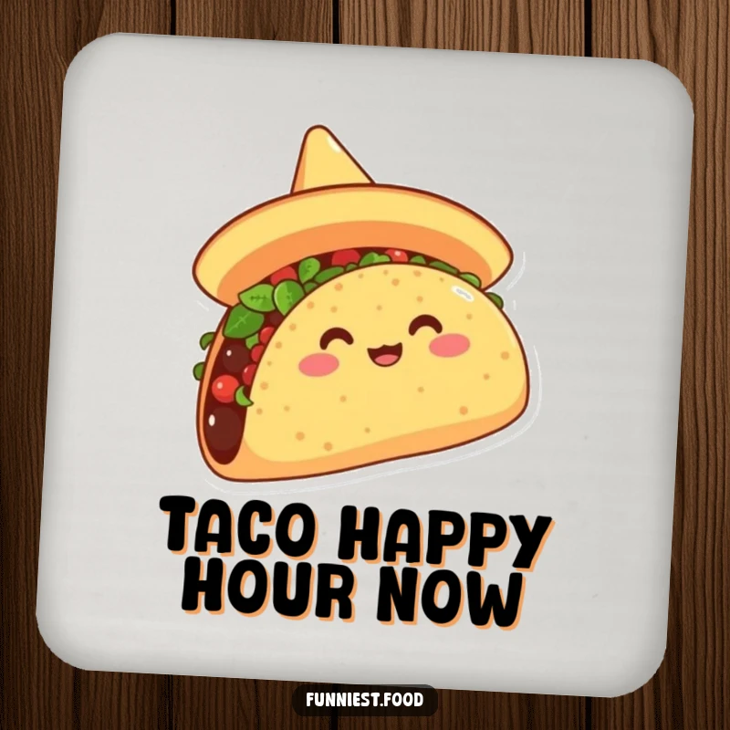 Funny drink coaster featuring a beaming taco sporting a sombrero, tipping it jovially, protecting surfaces with humorous fiesta charm.