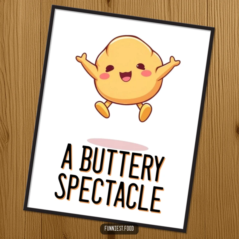 Funny poster of a joyful croissant character mid-air jump, with butter pats as feet, bringing whimsical pastry energy to wall decor.