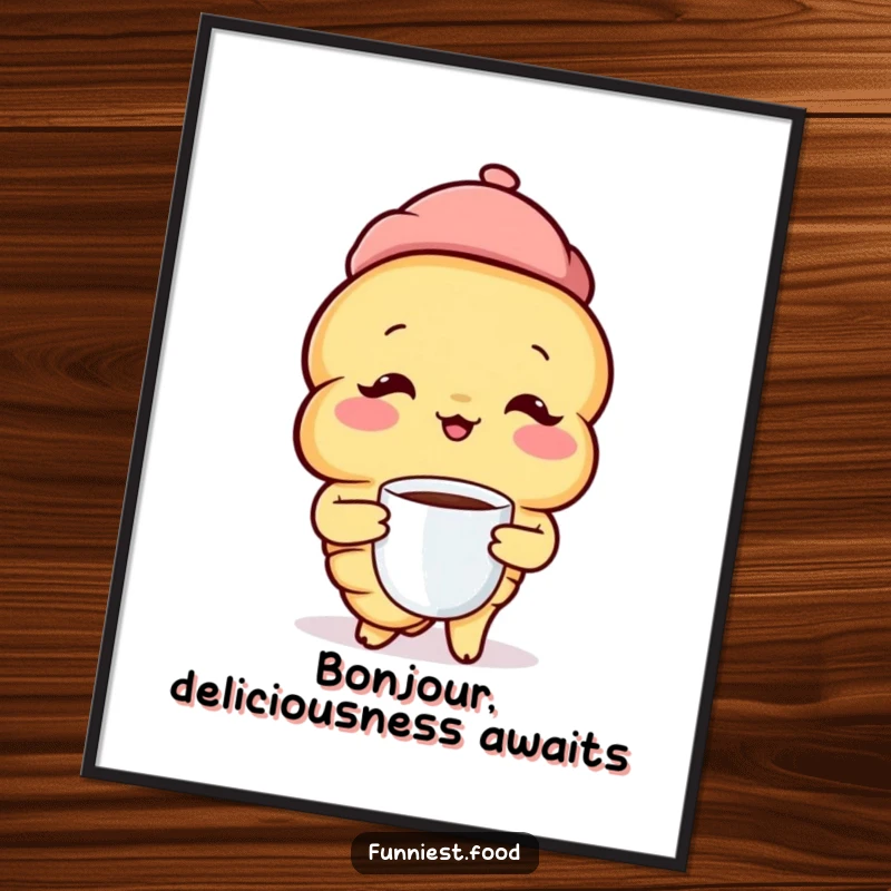 Funny Croissant Poster: A whimsical croissant wearing a beret sips coffee, bringing a cheerful Parisian atmosphere to any room.