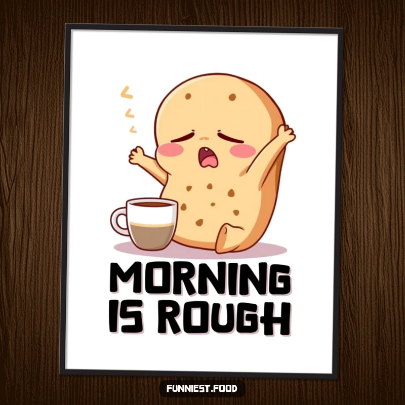 Funny Bagel Poster: A sleepy bagel character yawns and stretches near a coffee cup, creating relatable and humorous wall art.