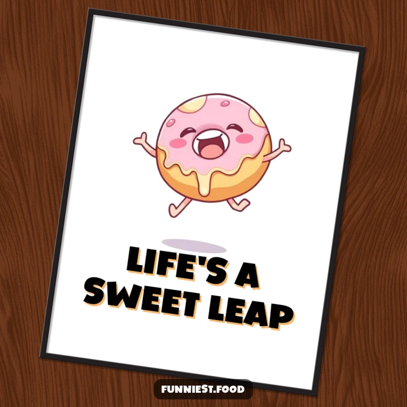 Funny donut poster featuring a delighted pastry mid-air, frosting dripping, in a dynamic and joyful leap, perfect for kitchens.