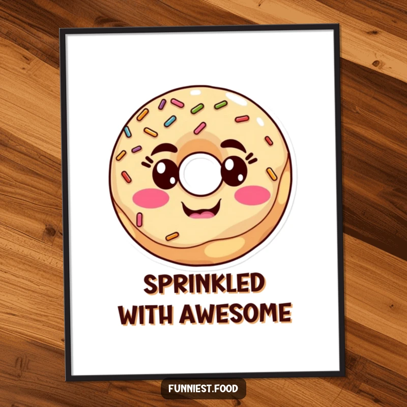 Funny donut with sprinkles making a silly face on a poster, bringing vibrant color and playful humor to any wall, a funny gift.