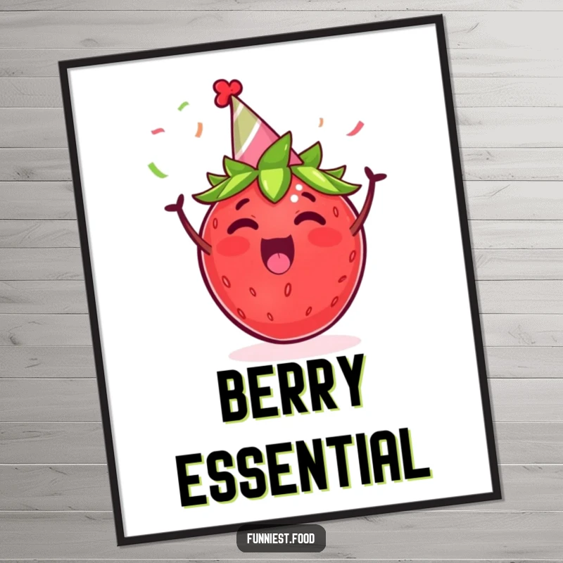 Funny poster of an excited, party-hat-wearing strawberry cheering with tiny streamers, adding a splash of humor to decor.