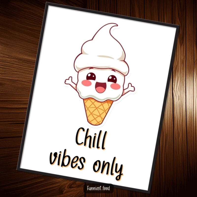 Funny Poster featuring an excited ice cream cone character wearing a cone hat, radiating joy and a love for sweet treats.