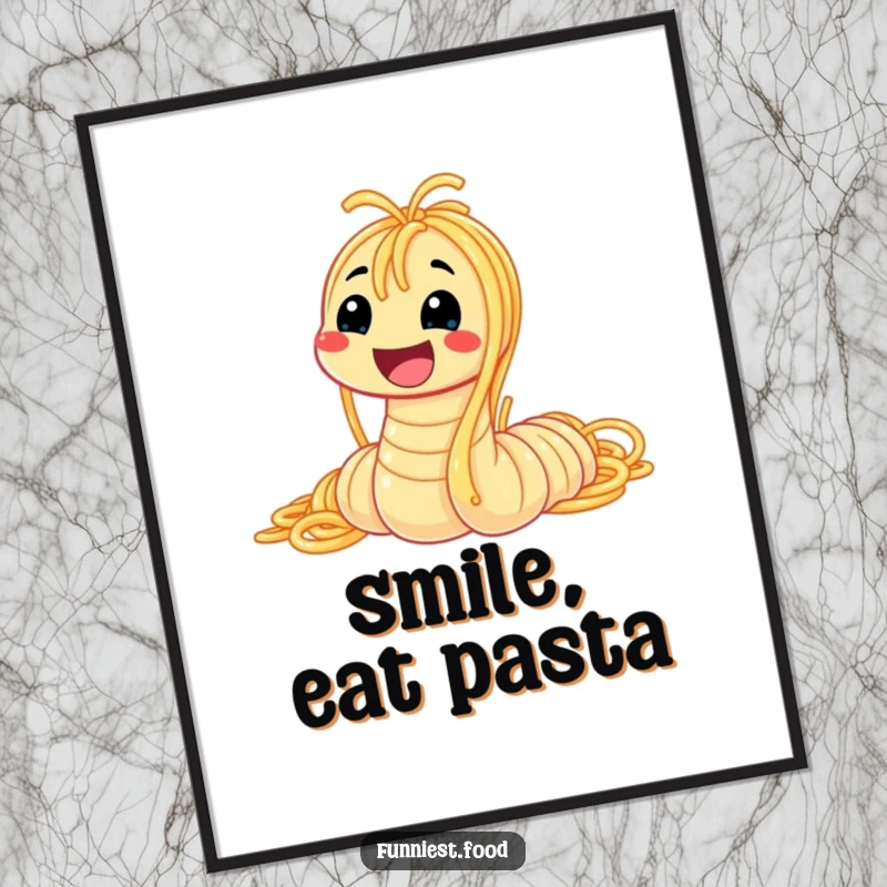 Funny spaghetti worm poster with a smiling worm made of pasta noodles, perfect for adding a whimsical and humorous touch to wall art.