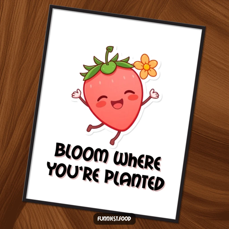 Funny Strawberry Dance Poster: A joyful strawberry character in a silly dance with a flower, bringing vibrant happiness to walls as a funny gift.