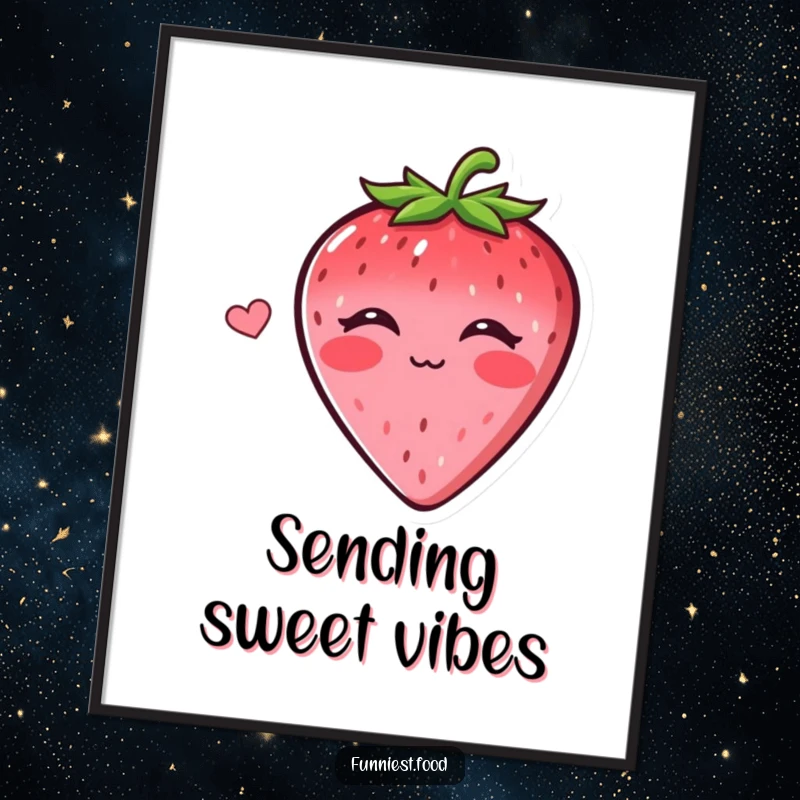 Funny poster print of a cheerful strawberry character blowing a kiss, radiating sweet humor and charm, ideal for humorous wall decor.