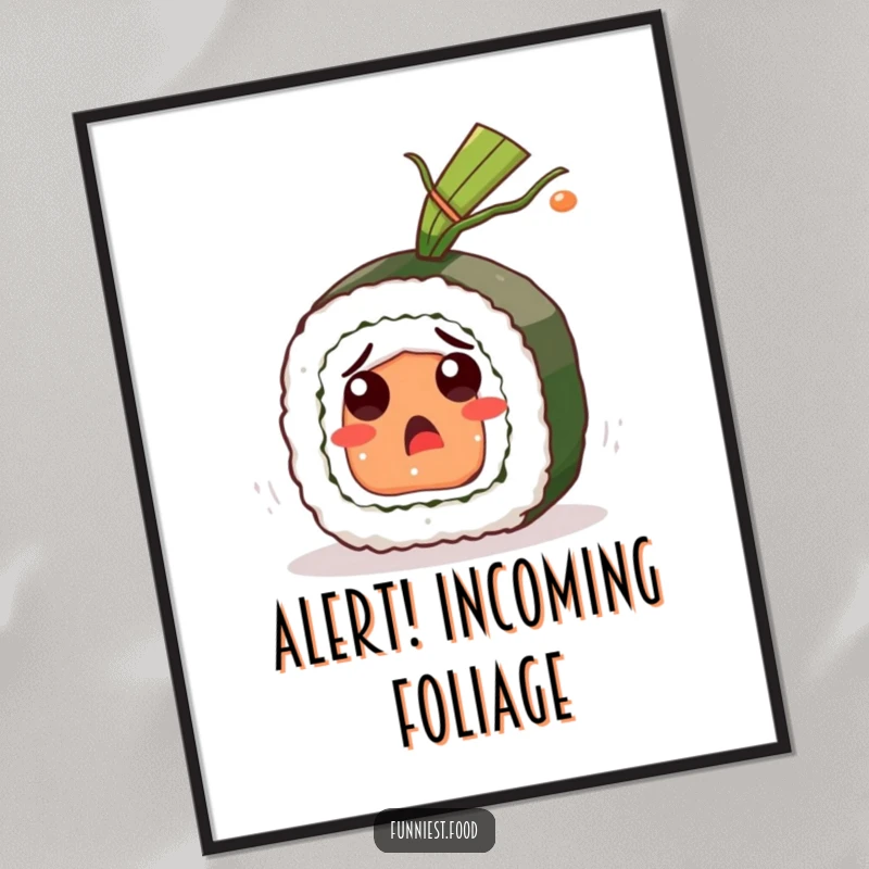 Funny Sushi Roll Poster: A surprised sushi character startled by flying seaweed, presented as humorous wall art and a unique funny gift.