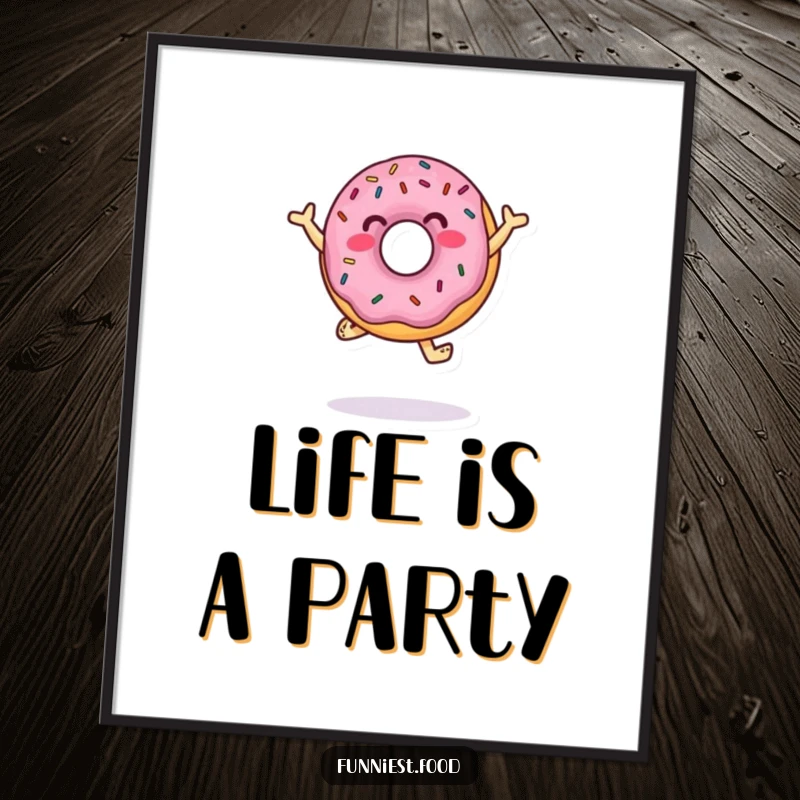Funny Poster of a jumping donut character with sprinkles, performing an energetic dance, bringing a cheerful and whimsical feel.