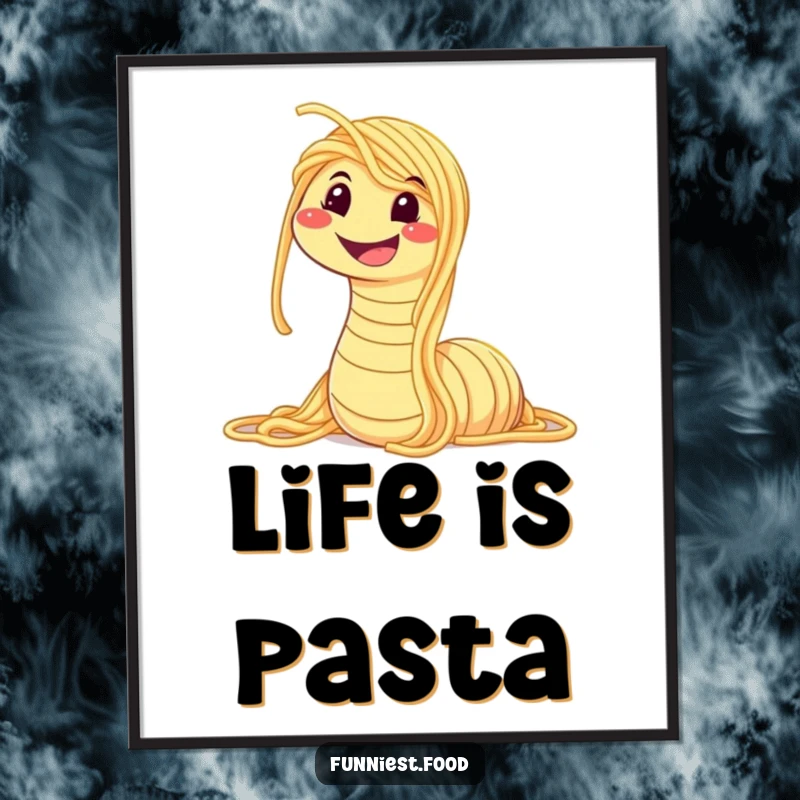 Funny poster print of a spaghetti worm smiling widely, a humorous and artistic representation of Italian food, ideal for kitchen or dining decor.