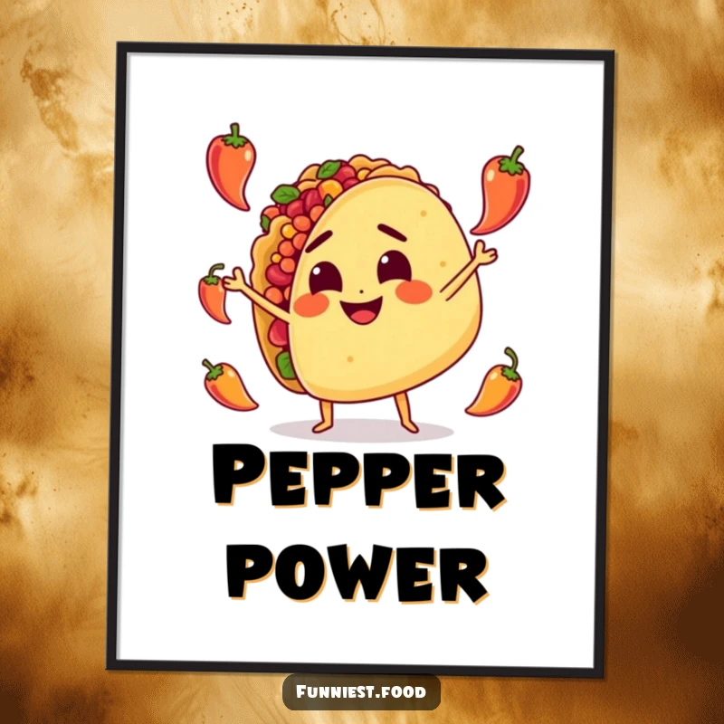 Funny Poster: A cheerful taco character with a determined expression juggles several small, spicy peppers, creating a dynamic artwork.