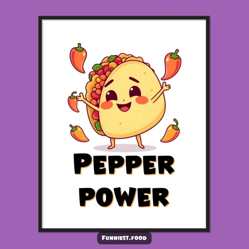 Funny Taco Juggling Poster: Dynamic Spicy Character, Vibrant Humorous Wall Art